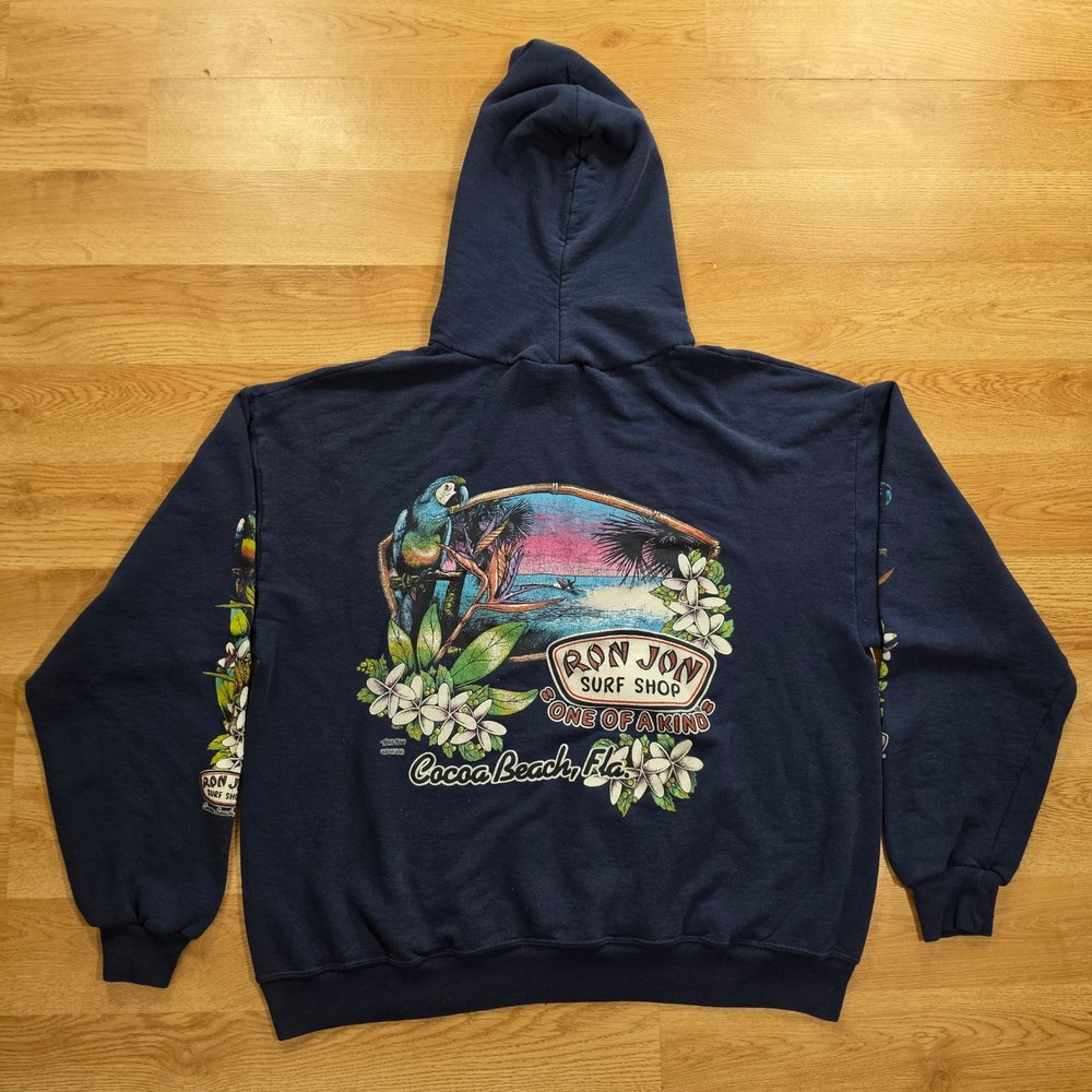 Vintage Ron Jon Surf Shop Hoodie Mens XL Cocoa Beach Florida Floral Blue 90s